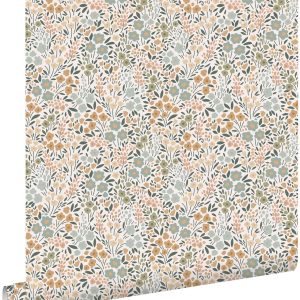 ESTAhome behang bloemetjes grijsblauw, terracotta roze en groen – 53 c