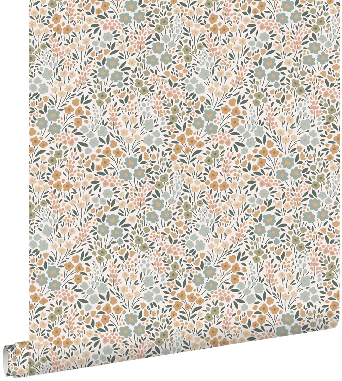 ESTAhome behang bloemetjes grijsblauw, terracotta roze en groen - 53 c