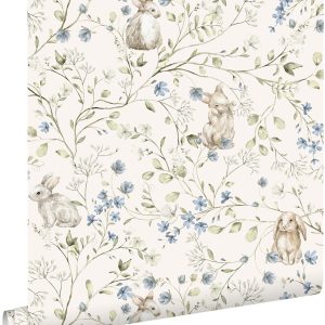 ESTAhome behang konijnen beige, groen, blauw en wit – 53 cm x 10.05 m