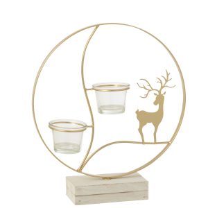 J-Line theelichthouder Rendier – hout – goud/wit