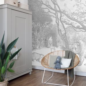 ESTAhome fotobehang bos met bosdieren grijs – 350 x 279 cm – 159065