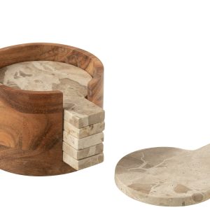 J-Line onderzetter Rond Marmer – steen – beige/goud – doos van 4