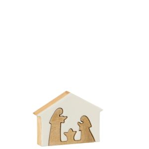 J-Line decoratie Kerststal Huis – hout – wit/naturel – small