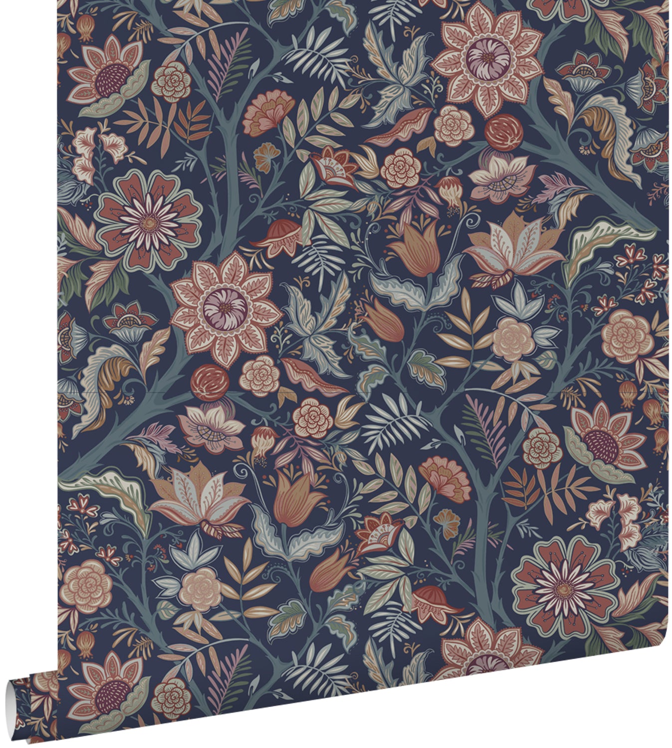ESTAhome behang vintage bloemen donkerblauw en terracotta bruin - 53 c