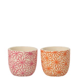 J-Line bloempot Rond Bloemen – keramiek – roze/oranje – small – set va J-Line bloempot Rond Bloemen – keramiek – roze/oranje – small – set va