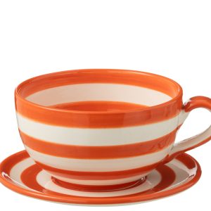 J-Line kopje + schoteltje Granada Stripes – keamiek – wit/oranje