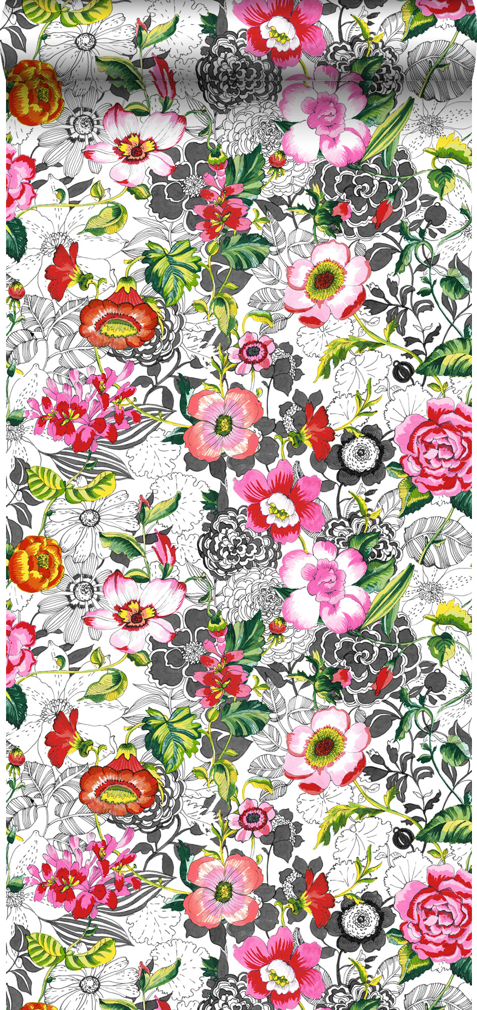 ESTAhome XXL behang funky bloemen roze, rood, groen, zwart en wit - 50