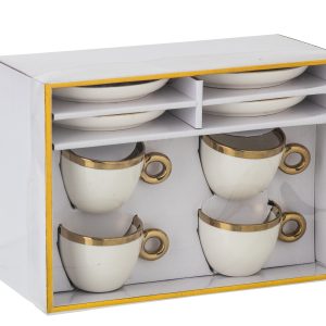 J-Line kop + schoteltje – keramiek – wit/goud – doos van 4