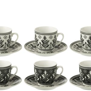 J-Line kop + schoteltje Bladeren – keramiek – zwart/wit – doos van 6