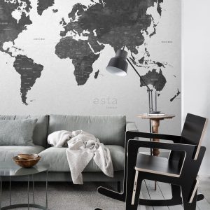 ESTAhome fotobehang vintage wereldkaart zwart wit – 279 x 279 cm – 158