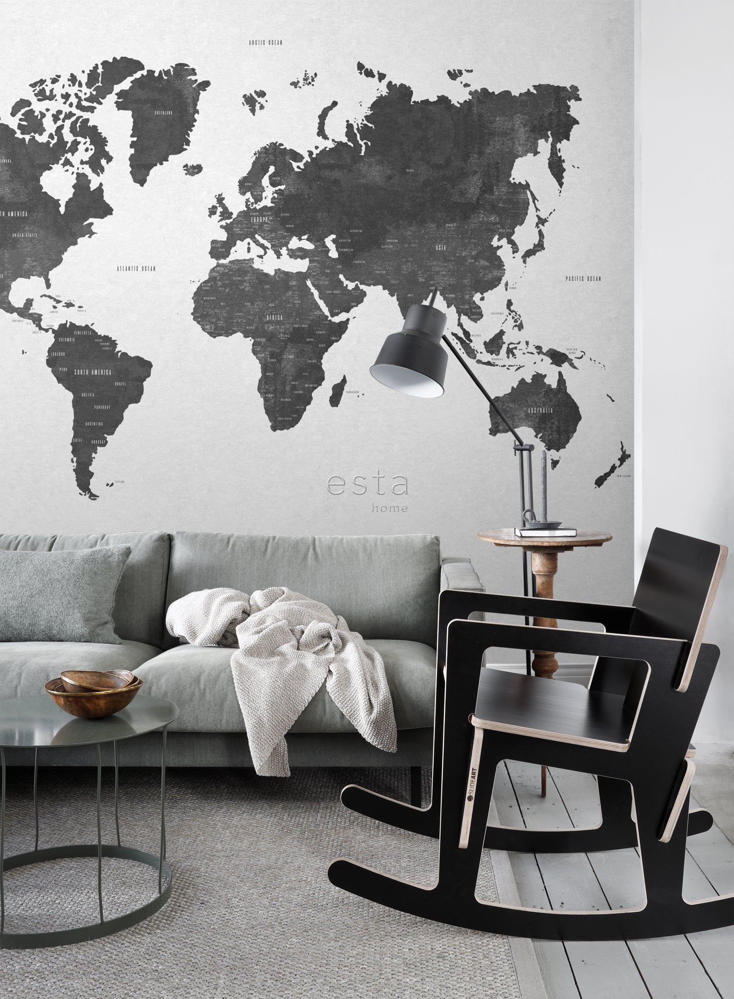 ESTAhome fotobehang vintage wereldkaart zwart wit - 279 x 279 cm - 158