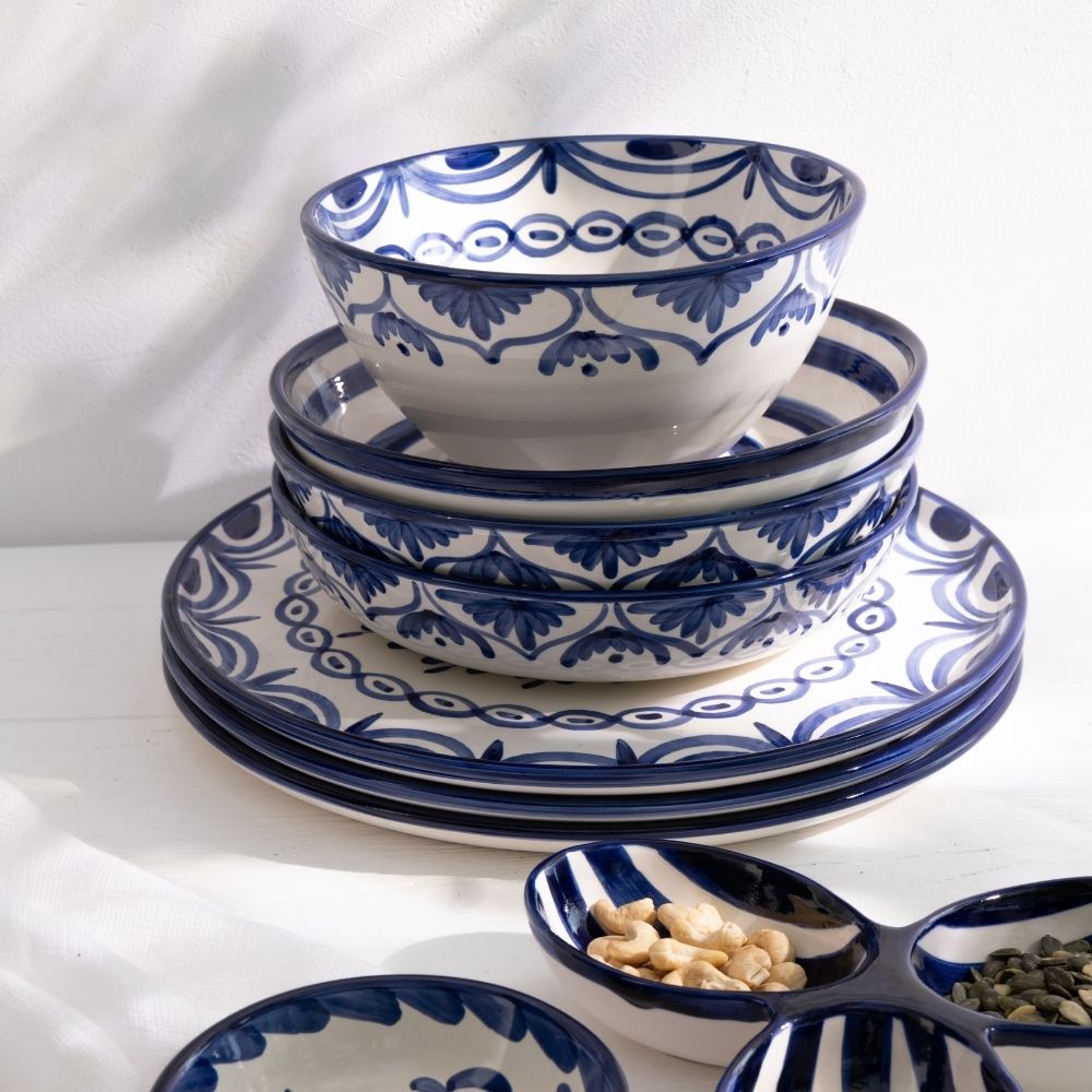 J-Line kom Granada Stripes High - keramiek - wit/blauw - small - Ø 14