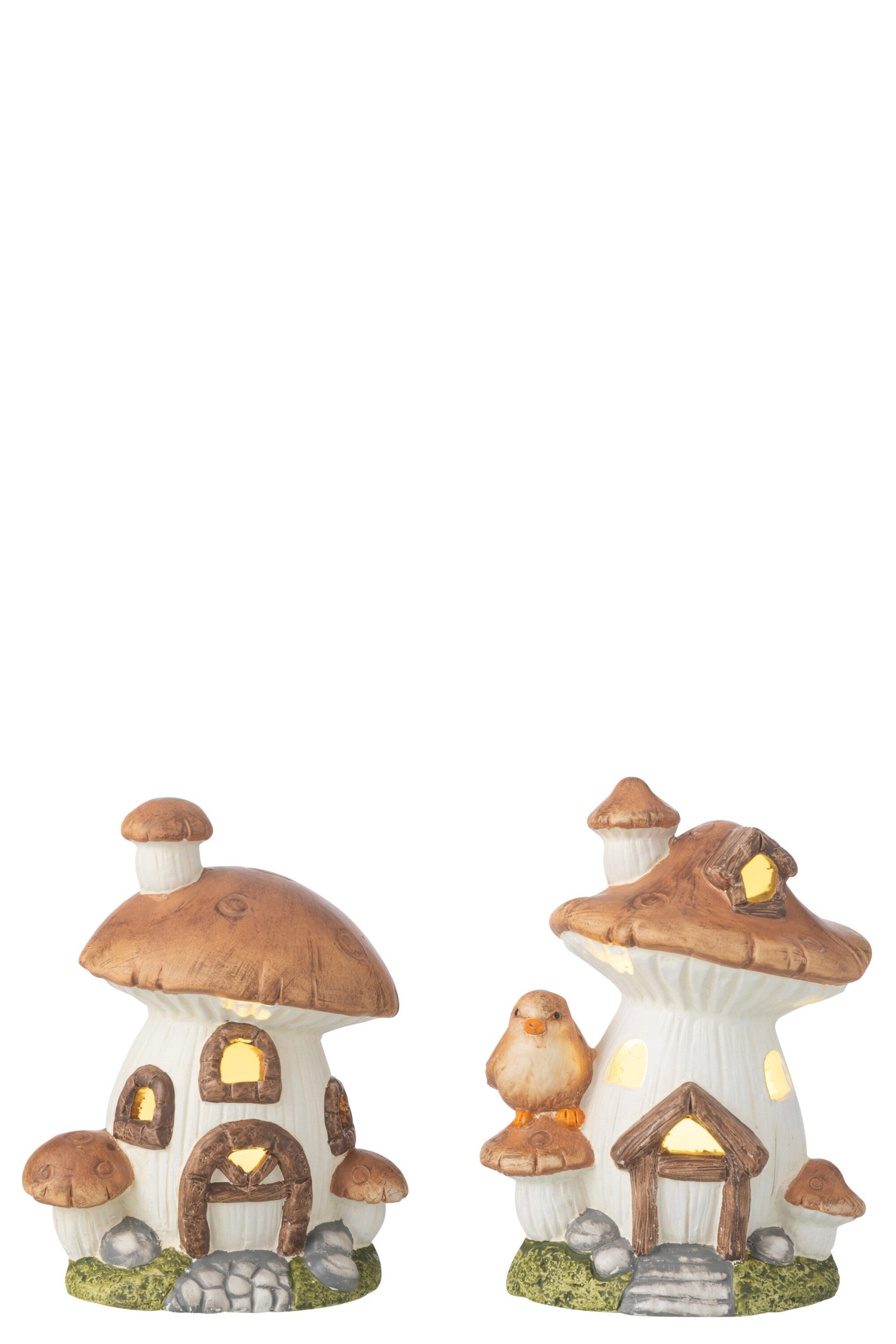 J-Line decoratie Huis Paddenstoel - porselein - mix - 2 stuks - LED li