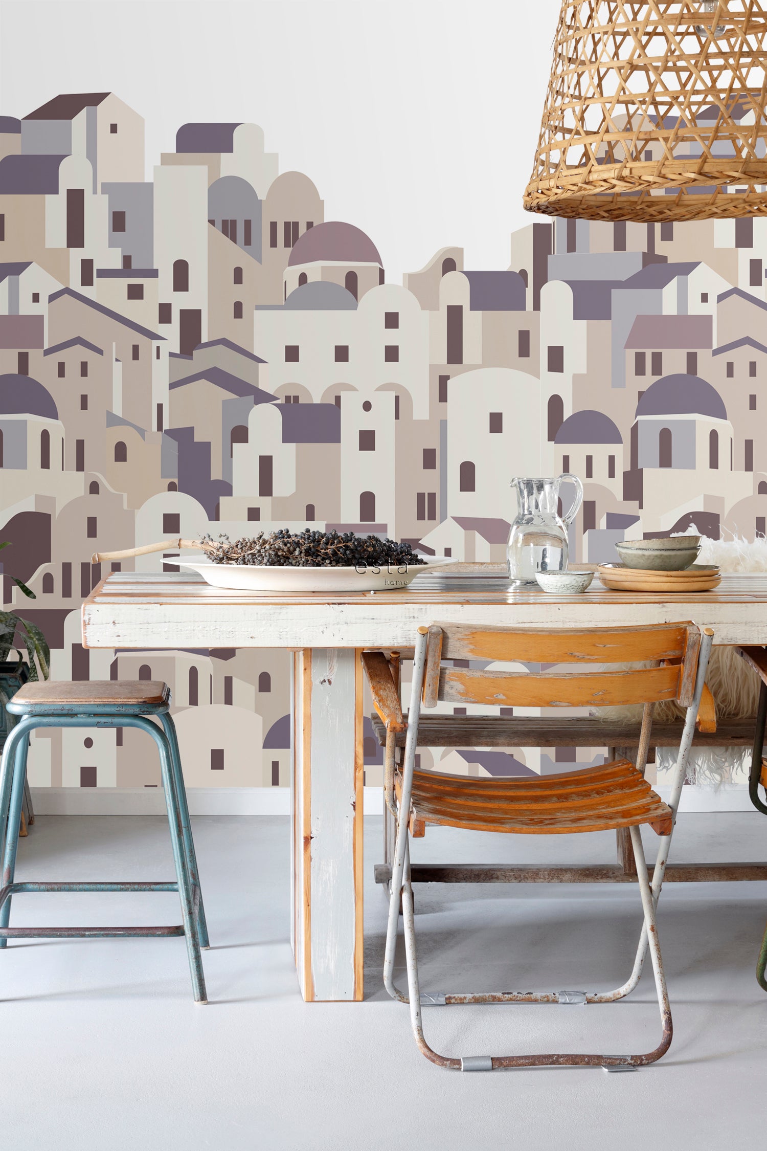 ESTAhome fotobehang mediterrane huisjes beige en grijs - 200 x 279 cm