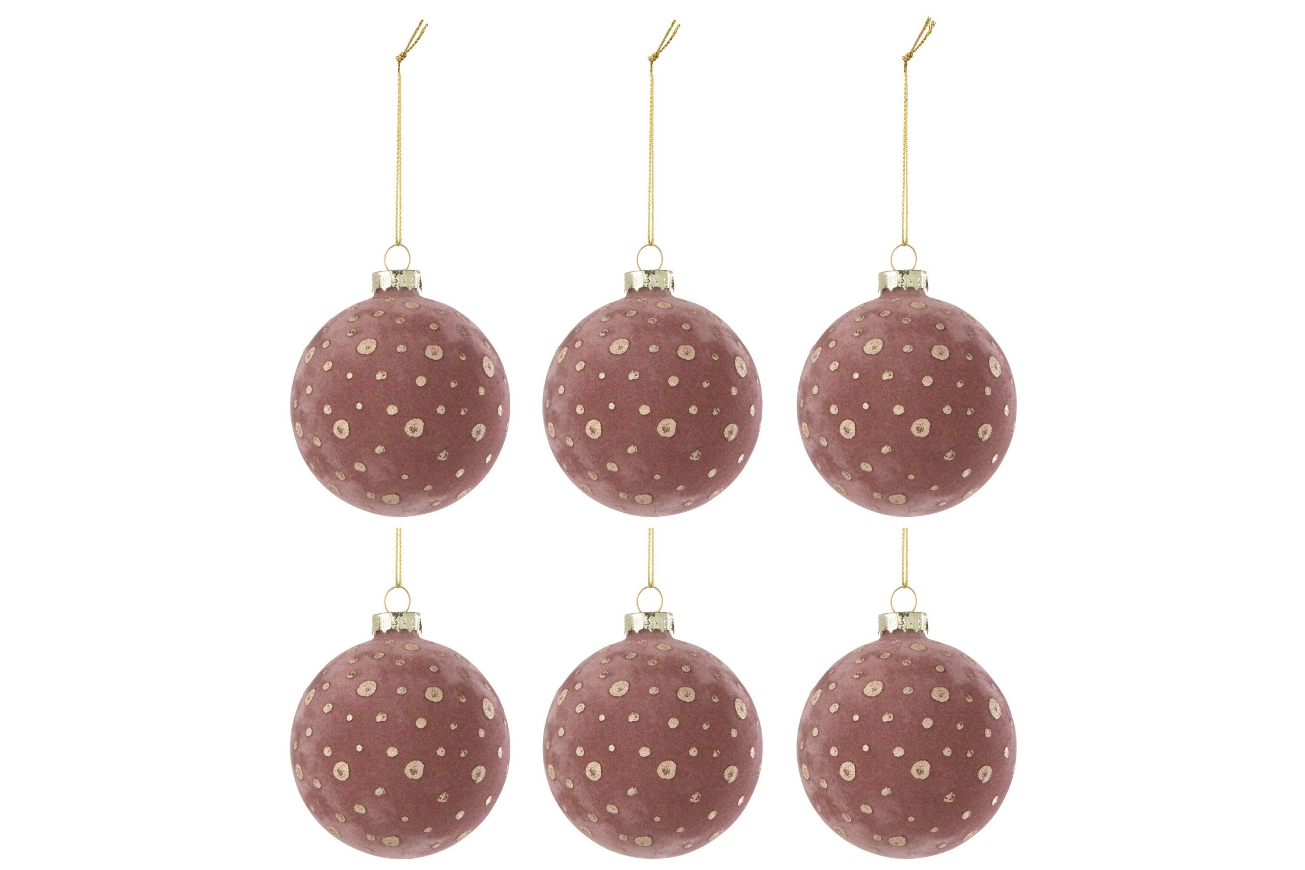 J-Line kerstbal Stippen - fluweel - lichtroze/goud - doos van 6