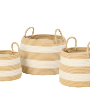 J-Line mand met handvat Rond Gestreept – polyester – naturel/wit – set J-Line mand met handvat Rond Gestreept – polyester – naturel/wit – set