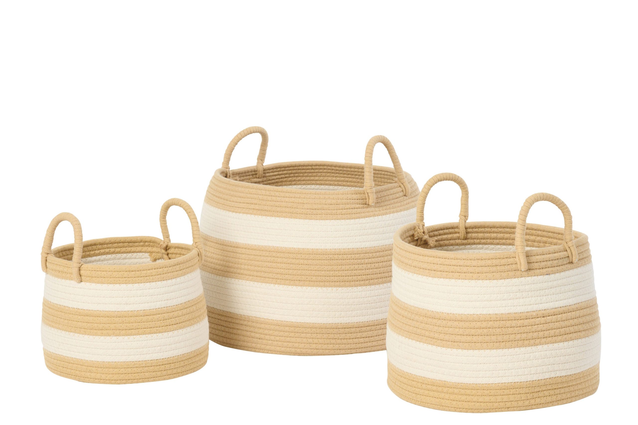 J-Line mand met handvat Rond Gestreept - polyester - naturel/wit - set