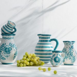 J-Line kruik Granada Stripes – keramiek – wit/aqua – large J-Line kruik Granada Stripes – keramiek – wit/aqua – large