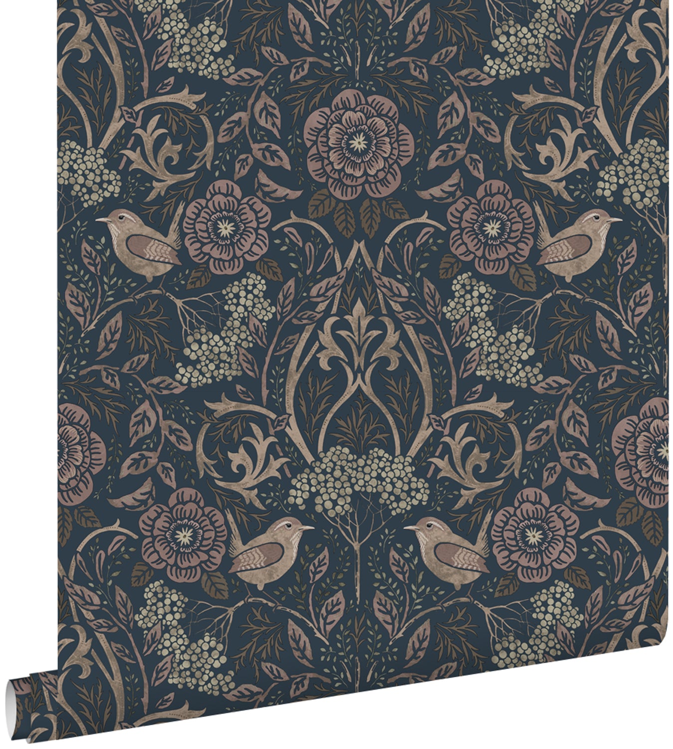 ESTAhome behang bloemen en vogels donkerblauw en oudroze - 53 cm x 10.