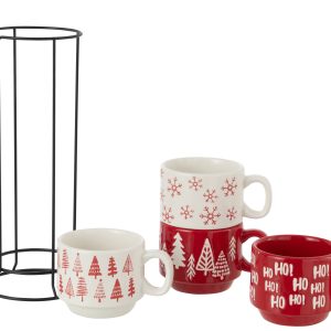 J-Line kopje Kerstmis Dolomiet – keramiek – rood/wit – doos van 4