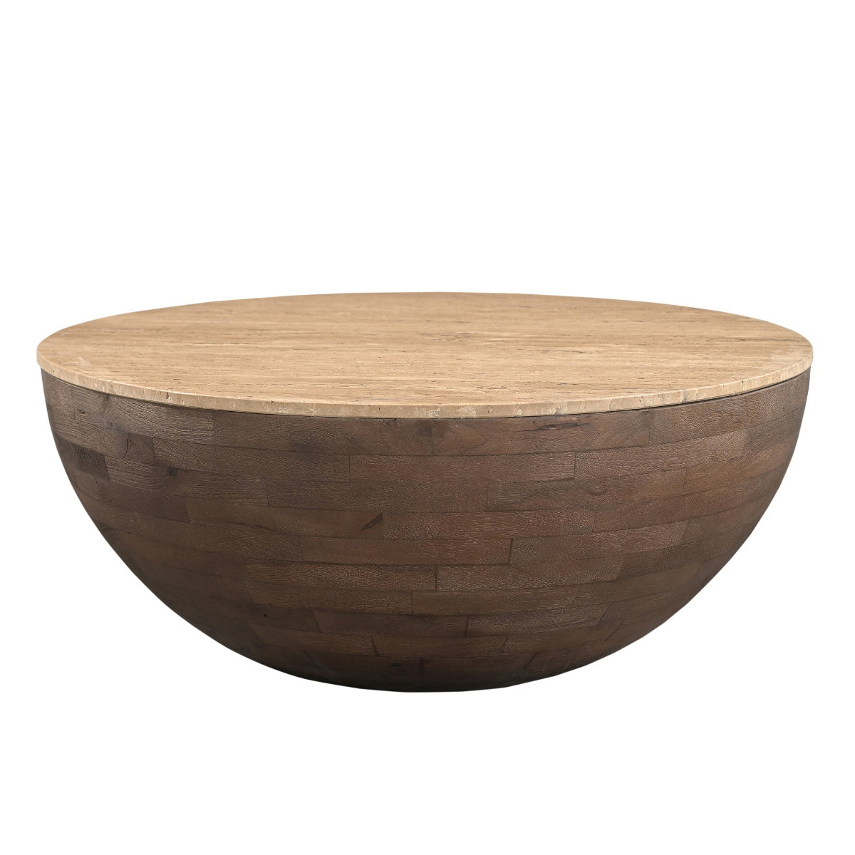 Giga Meubel Salontafel Aiden Rond - Travertin/Hout - Donkerbruin - 90x