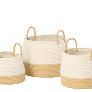 J-Line mand met handvat Rond – polyester – naturel/wit – set van 3 J-Line mand met handvat Rond – polyester – naturel/wit – set van 3