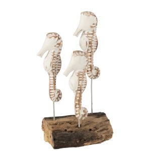 J-Line decoratie Zeepaard 3 Op Voet – hout – wit/naturel