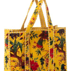 J-Line tas Vogels/Bloemen – katoen/fluweel – geel
