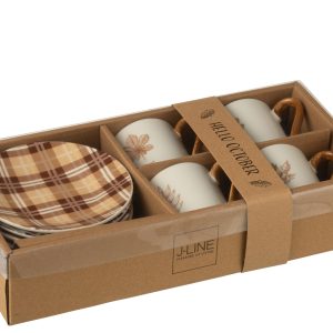 J-Line kopje + schoteltje Blad – keramiek – bruin – giftbox van 4 stuk