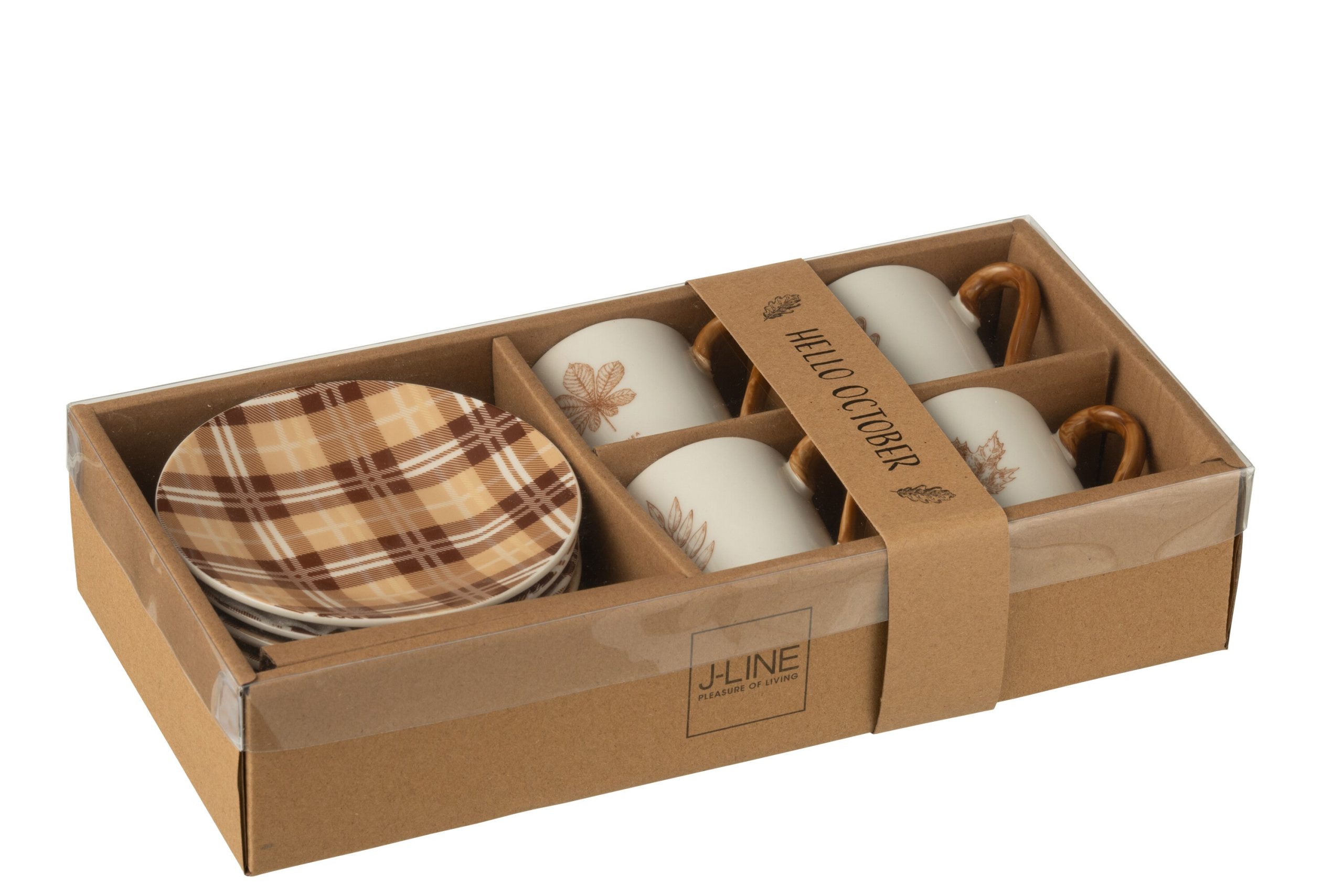 J-Line kopje + schoteltje Blad - keramiek - bruin - giftbox van 4 stuk