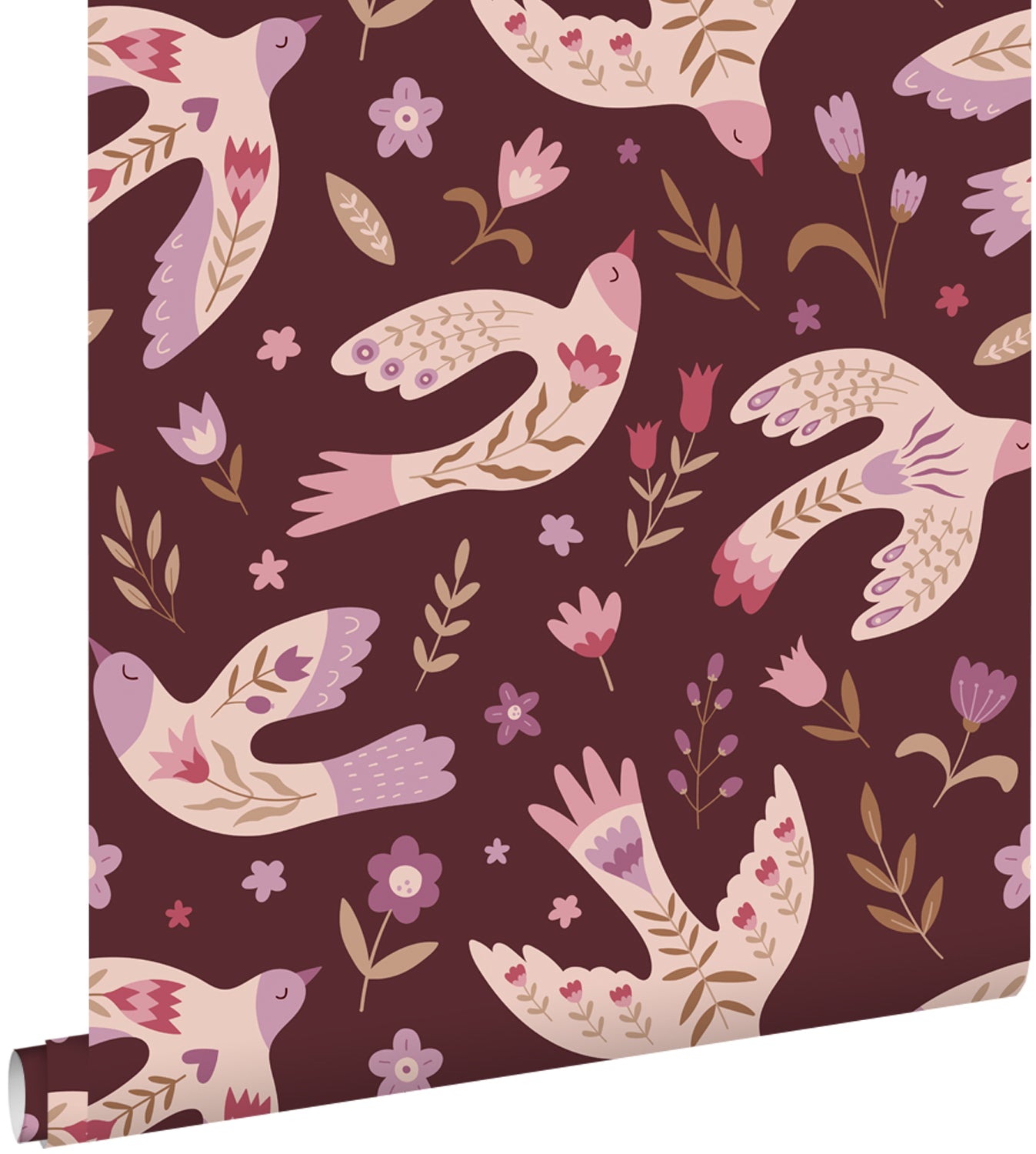 ESTAhome behang bloemen en vogels aubergine paars - 50 x 900 cm - 1317