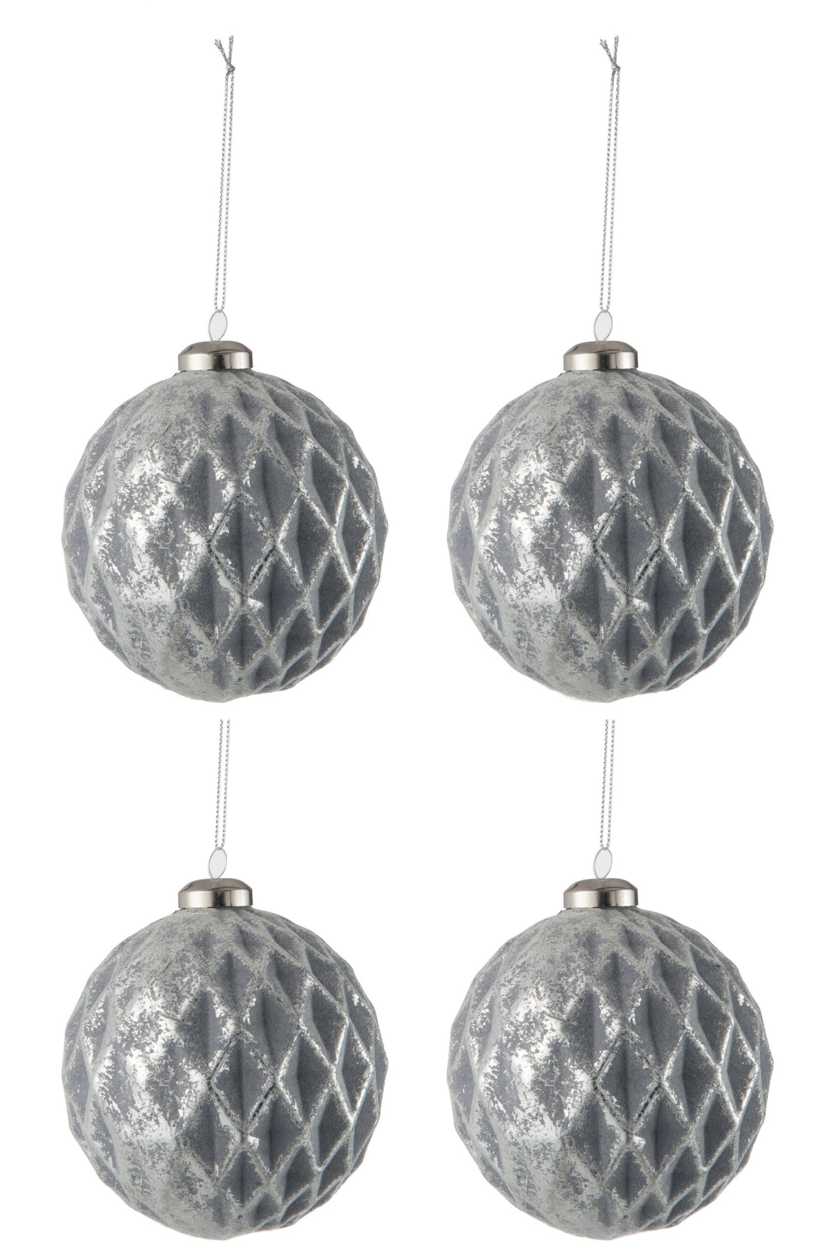J-Line kerstbal Geruit - glas - antiek grijs - large - doos van 4