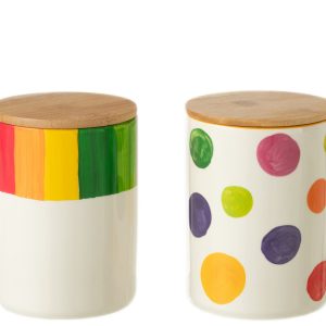 J-Line voorraadpot Polka Stip Streep – porselein – mix – 2 stuks