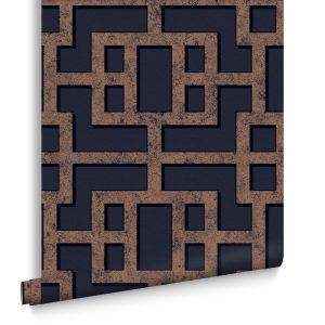Graham & Brown Vliesbehang – Rendo Blue & Copper – 10mx52cm