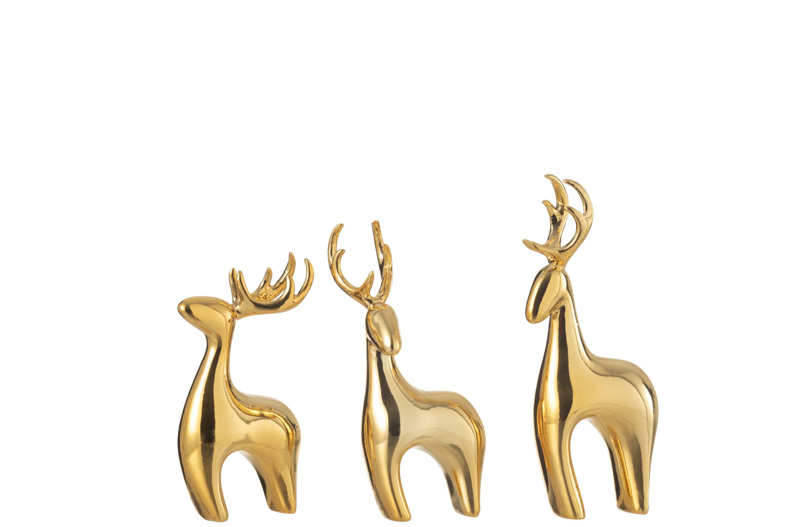 J-Line decoratie Rendier Galvanisch - polyresin - goud - 3 stuks