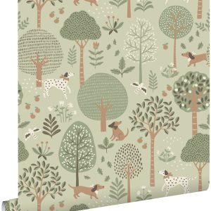 ESTAhome behang honden vergrijsd mintgroen – 53 cm x 10.05 m – 139712