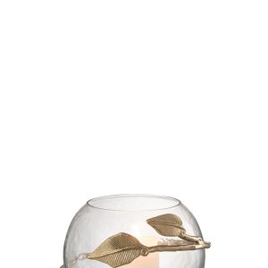 J-Line vaas Blad Schaal – glas/ijzer -transparant/goud – Ø 10 cm