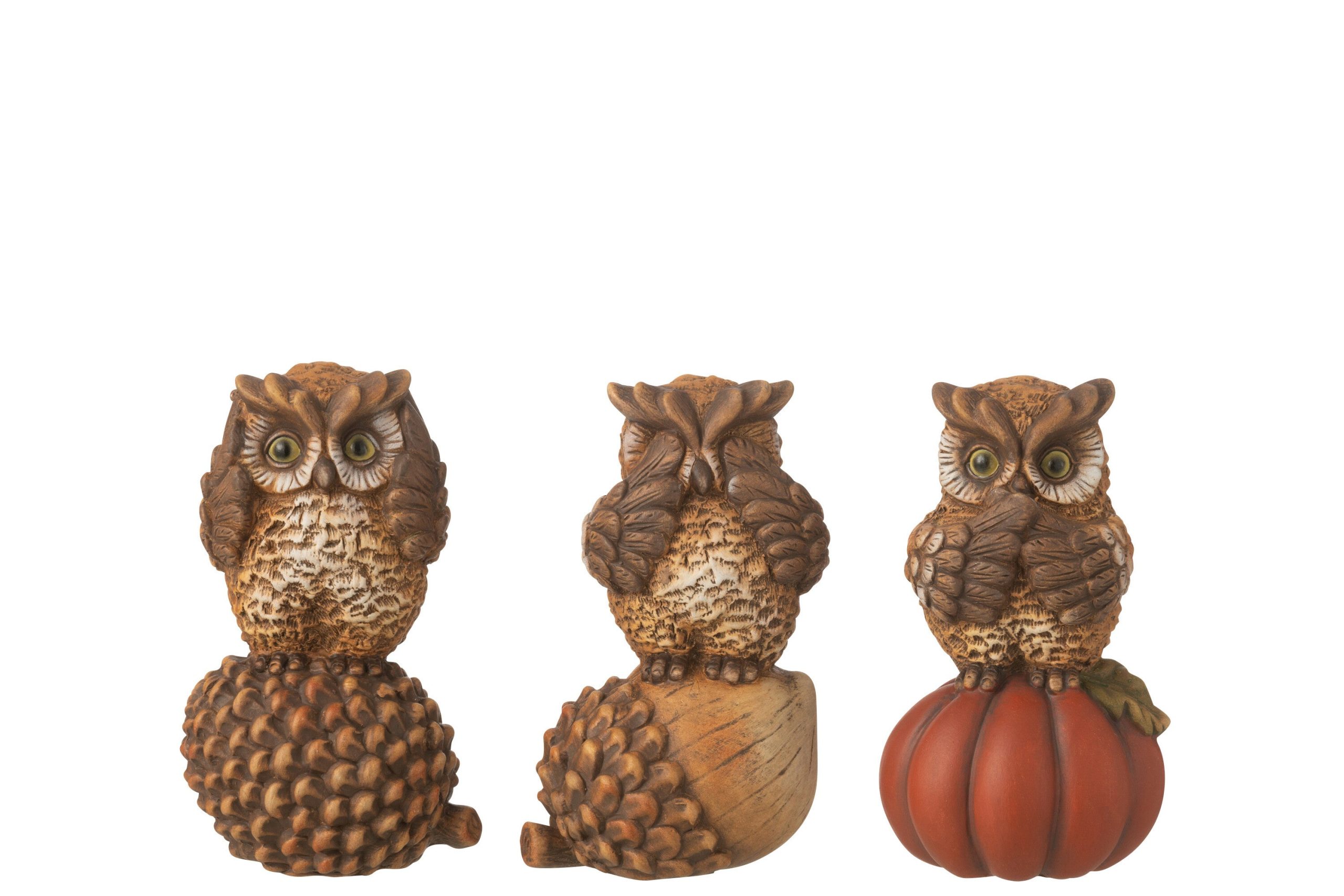 J-Line figuur Uil horen/zien/zwijgen - porselein - bruin - 3 stuks