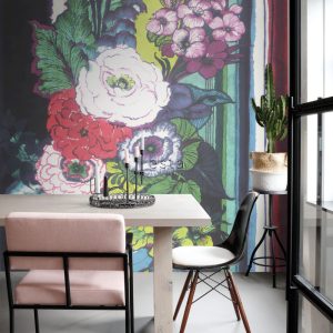 ESTAhome fotobehang bloemen zwart, rood, blauw, wit en groen – 232.5 x ESTAhome fotobehang bloemen zwart, rood, blauw, wit en groen – 232.5 x