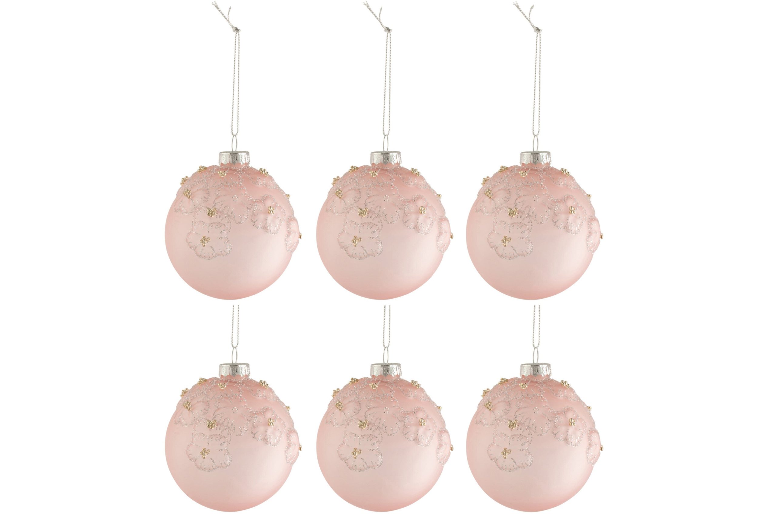 J-Line kerstbal Bloemen - glas - mat lichtroze - small - doos van 6