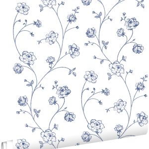 ESTAhome behang toile de jouy rozen wit en blauw – 53 cm x 10.05 m – 1 ESTAhome behang toile de jouy rozen wit en blauw – 53 cm x 10.05 m – 1