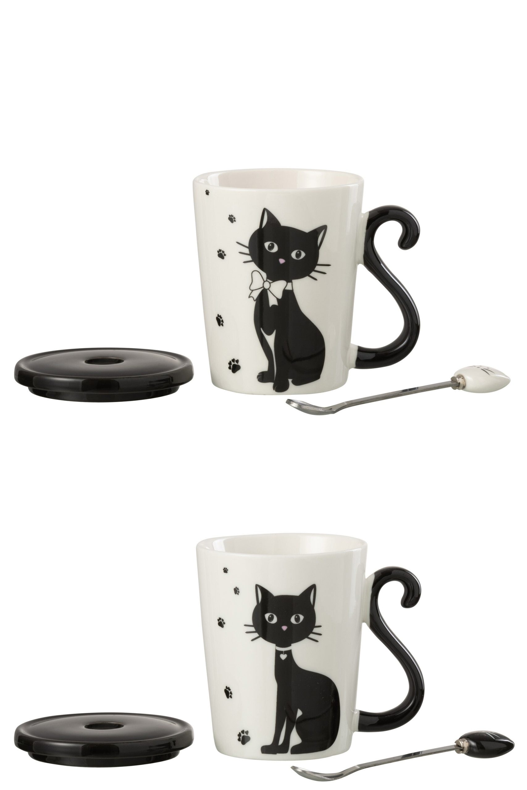 J-Line mok + deksel + lepel Print Kat - porselein - wit/zwart - 2 stuk
