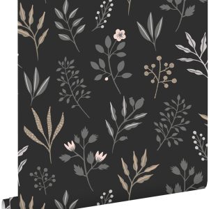ESTAhome behang bloemmotief in Scandinavische stijl zwart – 53 cm x 10