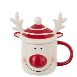 J-Line mok + deksel Rendier Dolomiet – keramiek – rood/wit J-Line mok + deksel Rendier Dolomiet – keramiek – rood/wit