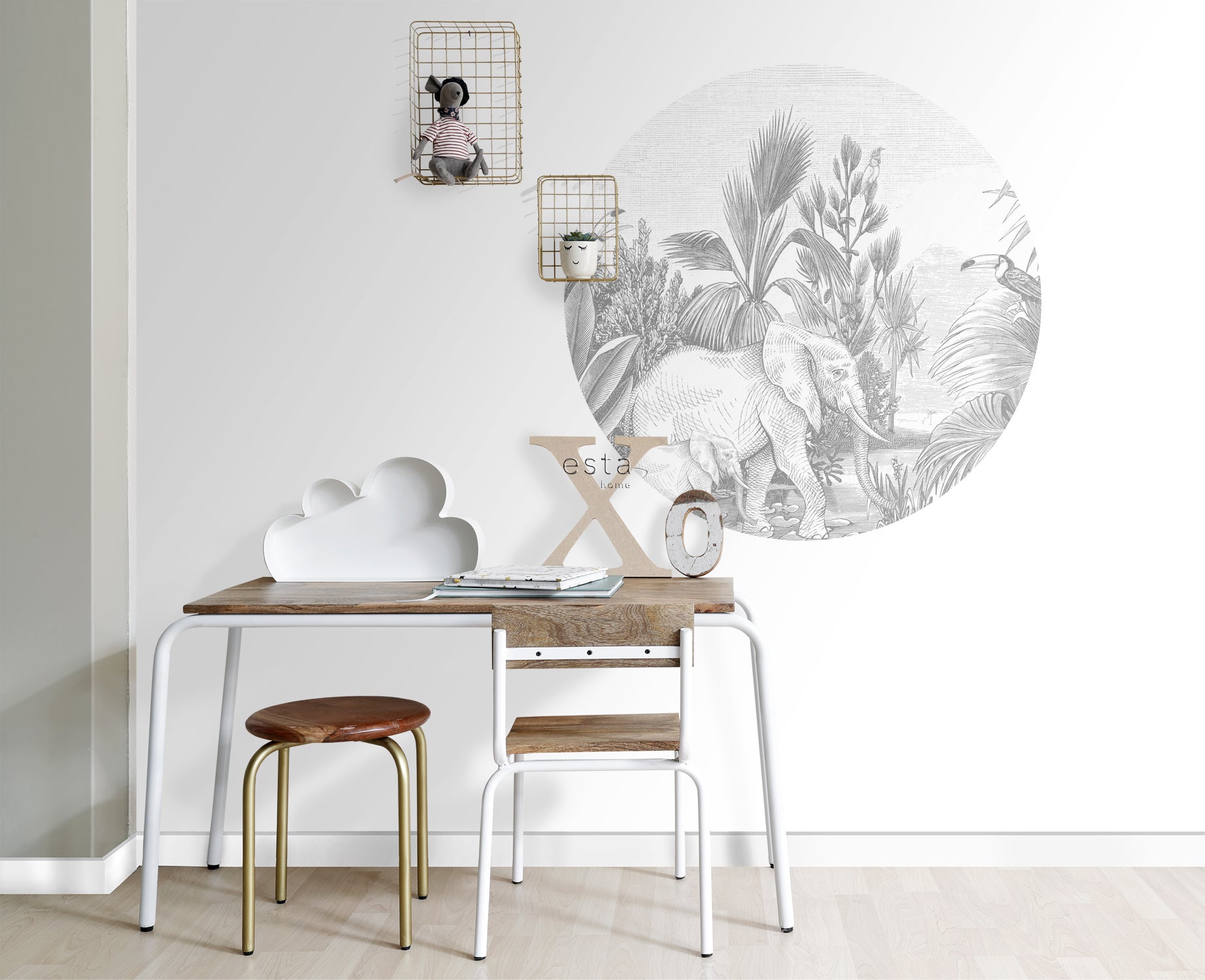 ESTAhome zelfklevende behangcirkel jungle-motief grijs - Ø 70 cm - 159