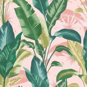 Envy Vliesbehang – Leaf It Out Sunrise – Roze/Groen – 10mx52cm Envy Vliesbehang – Leaf It Out Sunrise – Roze/Groen – 10mx52cm
