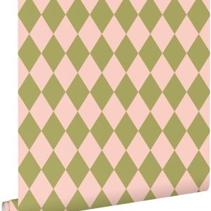 ESTAhome behang ruiten groen en roze – 50 x 900 cm – 131599