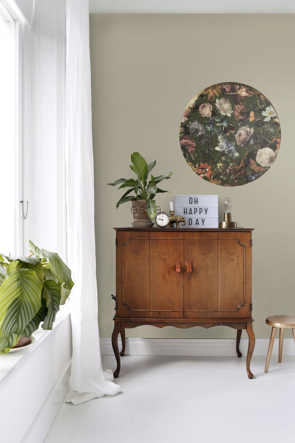 ESTAhome zelfklevende behangcirkel bloemen vergrijsd olijfgroen - Ø 70