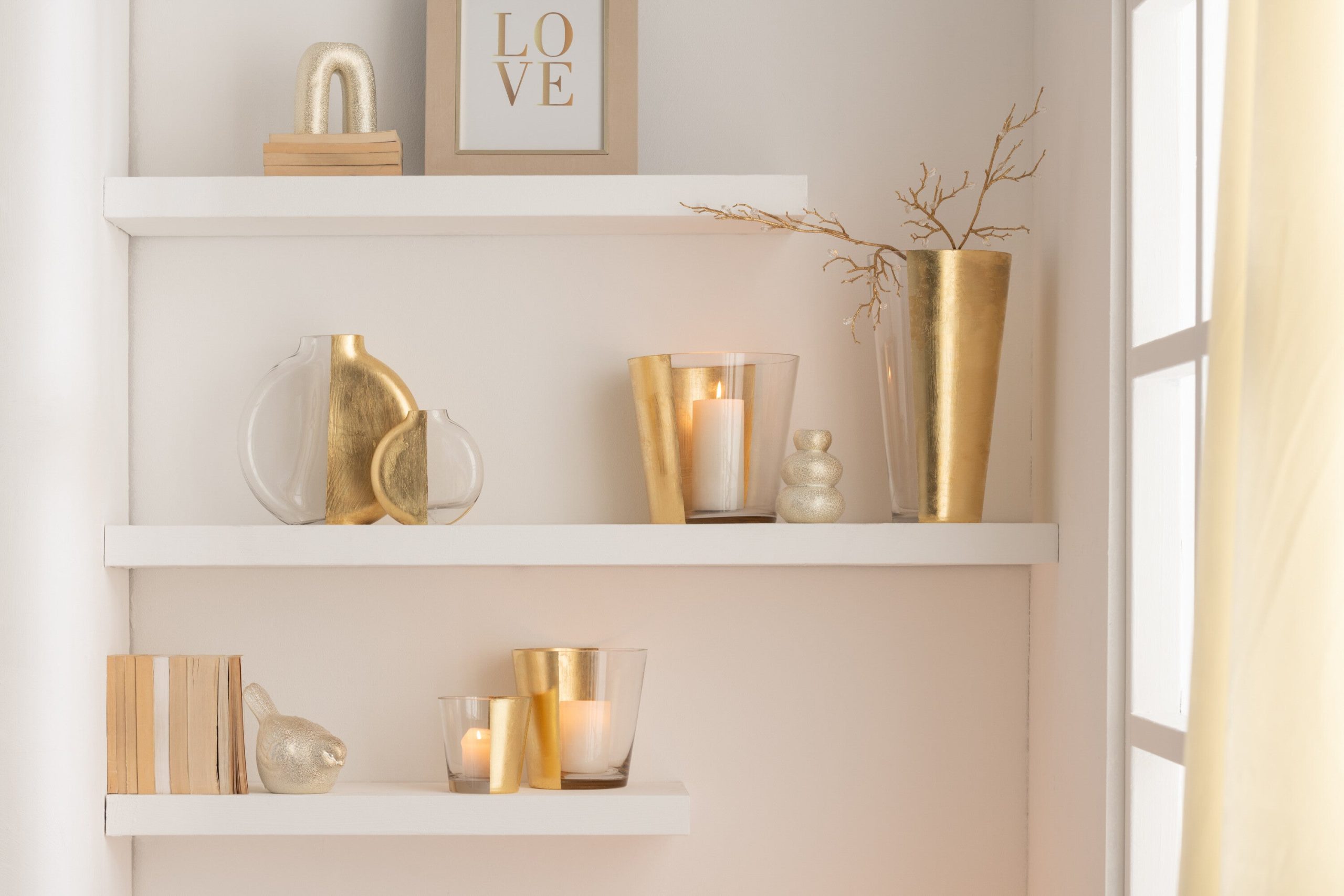 J-Line vaas Moa - glas - transparant/goud - 35 cm hoog