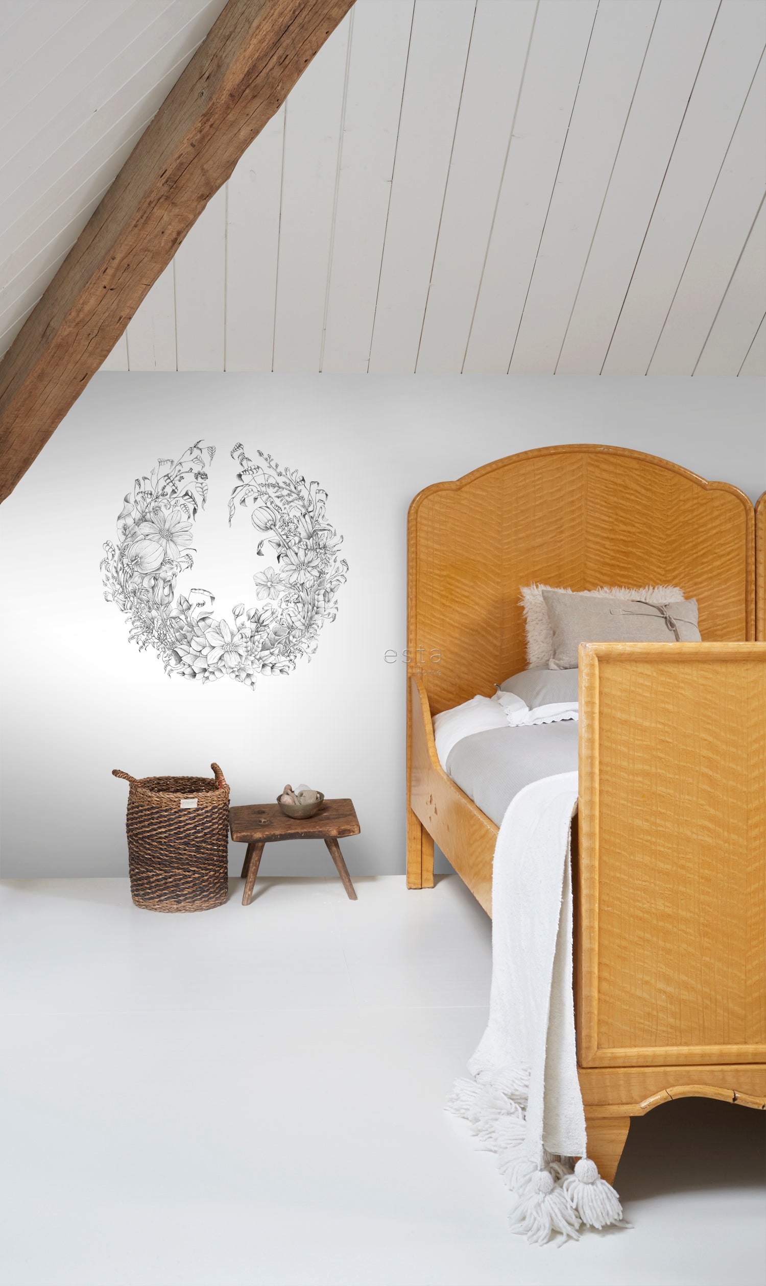 ESTAhome zelfklevende behangcirkel bloemtekeningen zwart wit - Ø 70 cm